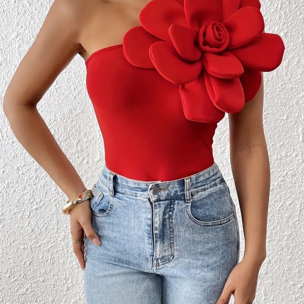 Elegant Red Floral One-Shoulder Top